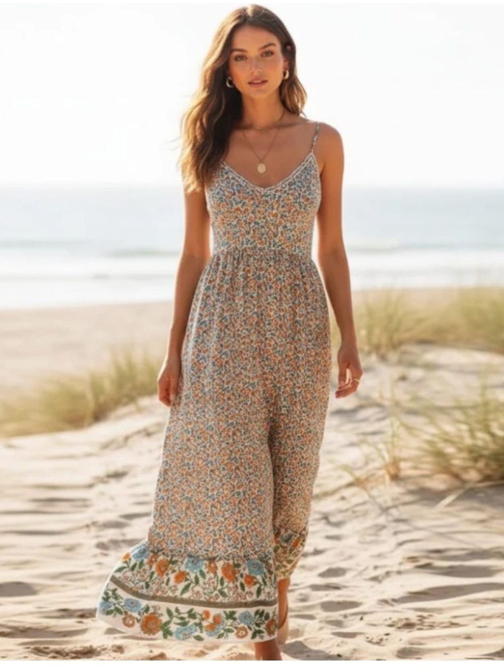 Natural Life Cottage Ditsy Floral Sleeveless Wide Leg Jumpsuit Boho Cream XS